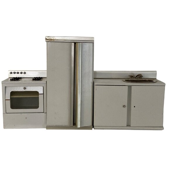 Doll House Miniature White Silver Wood Kitchen Oven Sink Refrigerator 3Pc VTG - Picture 1 of 16